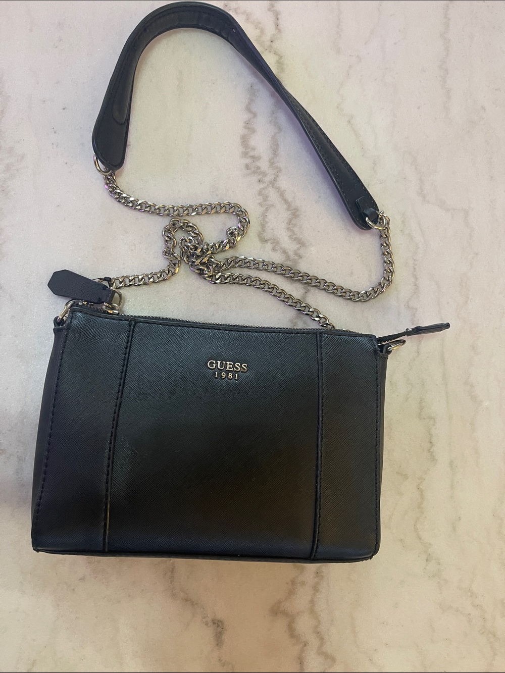 GUESS Black Saffiano Leather Chain-Detail Crossbody Bag